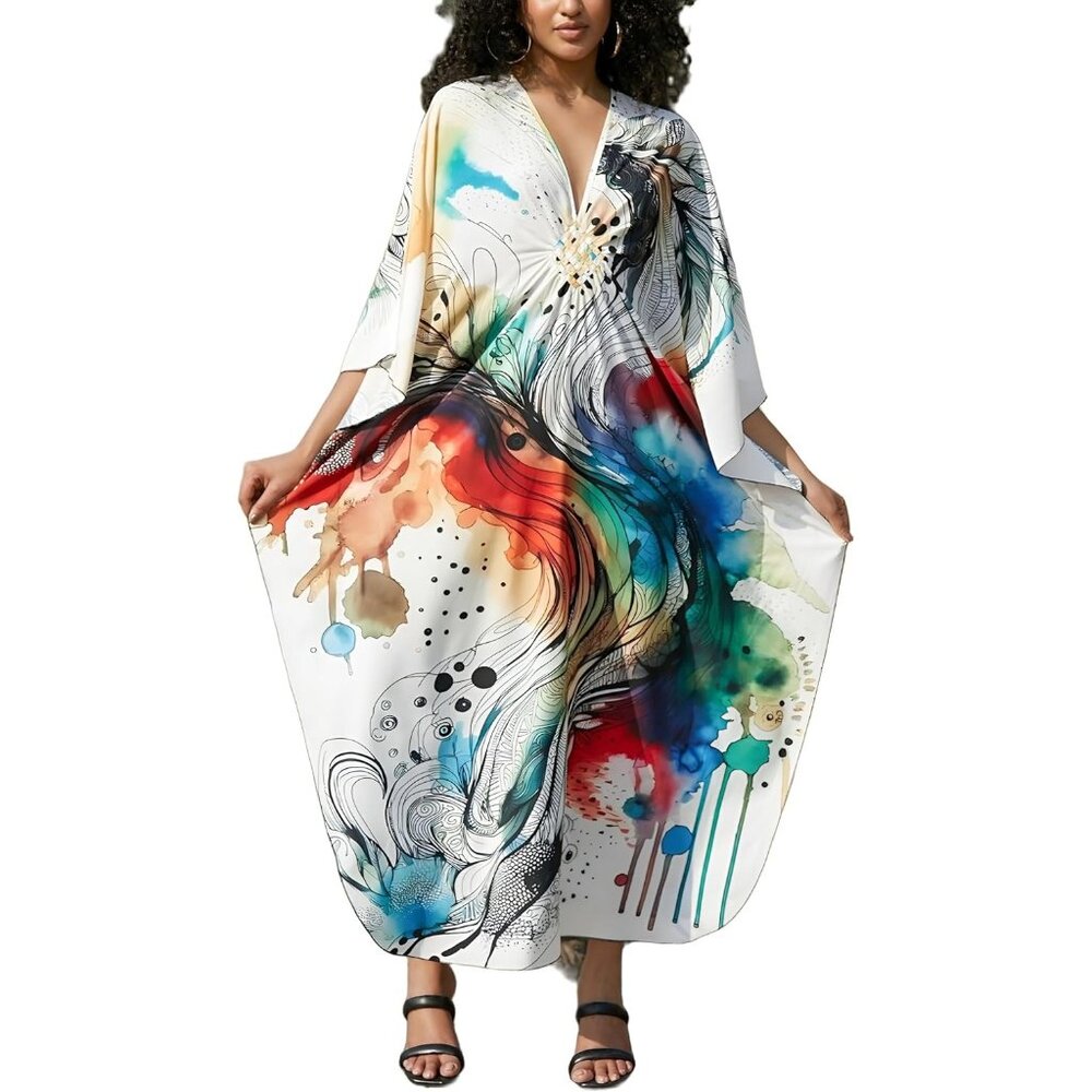 Women White & Multi Color Sleeve Kaftan Flowy Lightweight loungewear Caftan Maxi